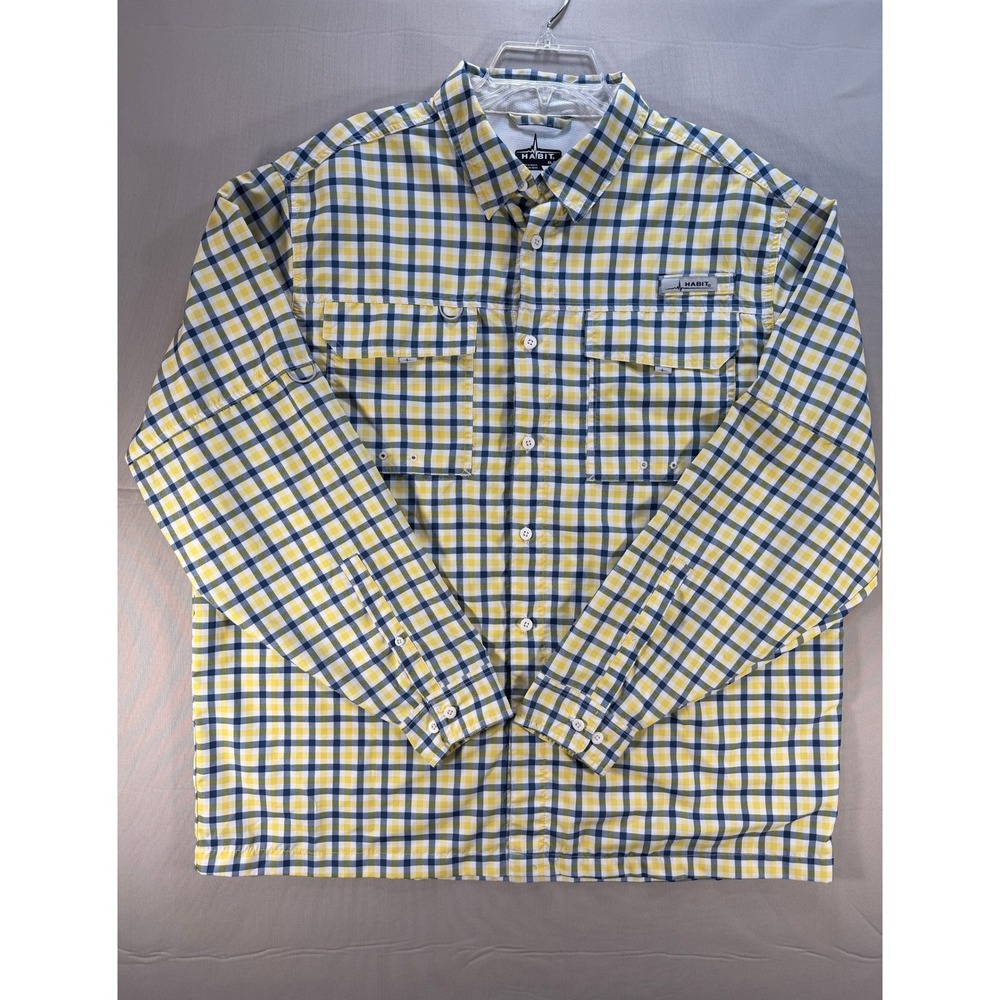 Habit Outdoors Mens XL Fishing Shirt Tackle Plaid Blue Yellow UPF 50 Vented L/S